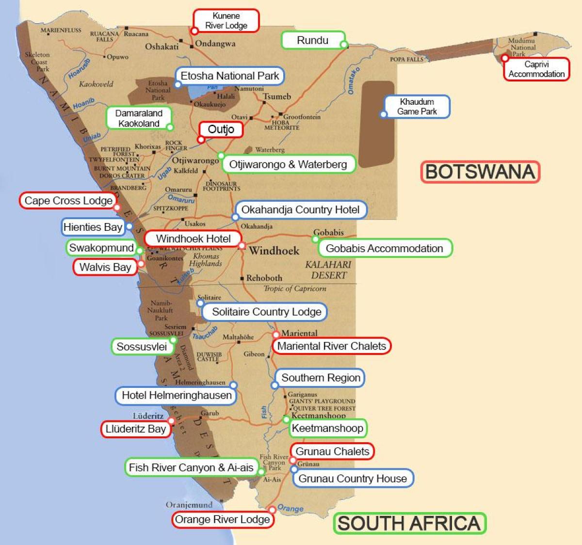 Mapa de Namíbia lodges