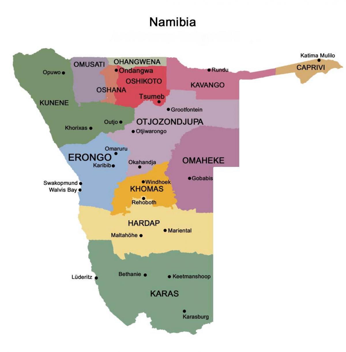 Mapa de Namíbia amb les regions